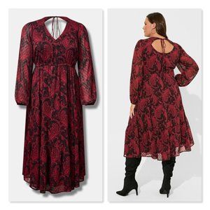 Women’s Red Paisley Midi Dress with Long Sleeves